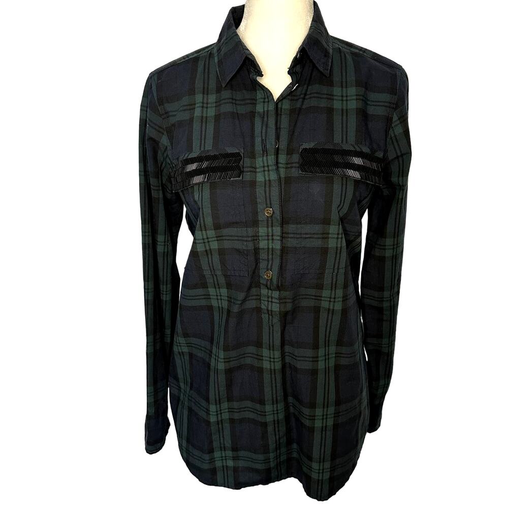 J.Crew Blue Black Flannel Plaid Beaded Quarter Button Down Shirt 0 / XS‎